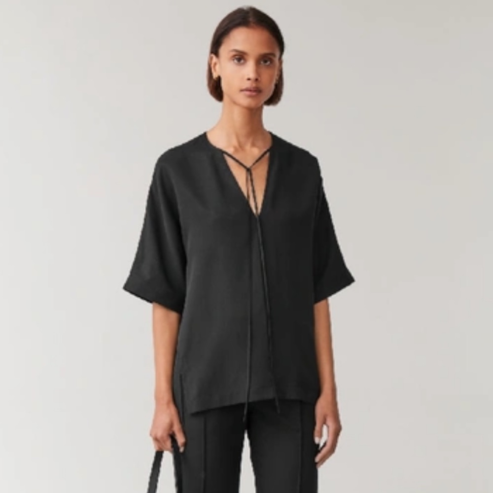 COS Neck Tie Black Top Shirt Blouse